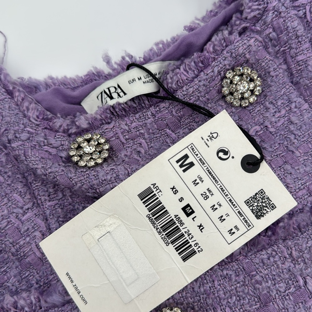 ZARA Lilac Purple Tweed Rhinestone Button Mini Dress Size Medium NWT/EUC - Picture 4 of 9